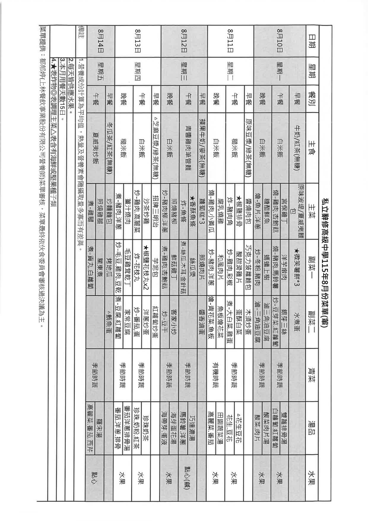115學年度115年8月第2週菜單圖片