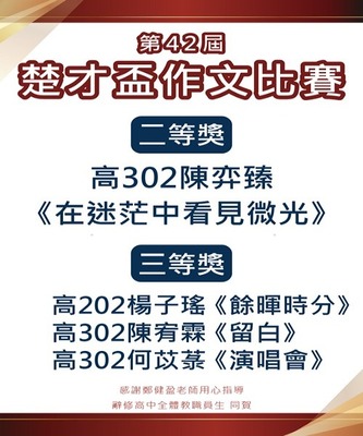 🎉 恭喜本校高中部同學參加「第42屆楚才盃作文比賽」榮獲佳績！圖片